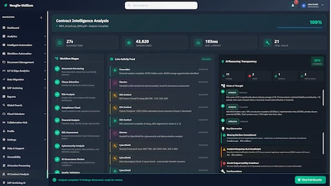 Live Analysis Progress - Real-time workflow stages, agent activity feed, AI reasoning transparency with key discoveries